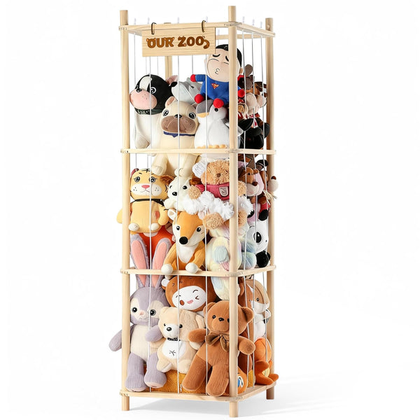 LAMU Stuffed Animal Storage, Wooden Zoo Stuffed Animal Holder with Elastic Cords,