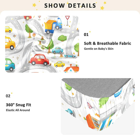 CZXW 52" 28" Cartoon Playful Roadways Crib Sheets Fitted x Natural Cotton Soft & Breathable for Baby Crib Mattress