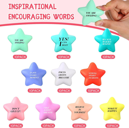100 Pack Sotiff Star Stress Balls Bulk for Adults Kids Stress Relief Balls with Motivational Quotes Mini Inspirational