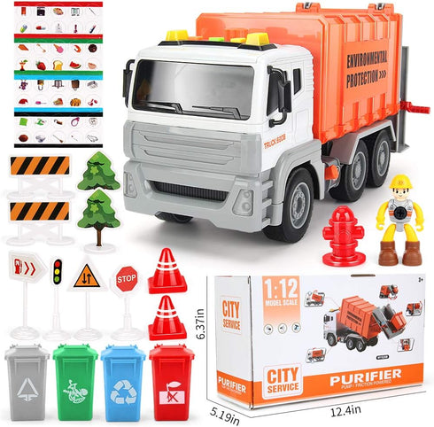 12" 4 Garbage Truck Toys Trash Truck Dump Truck with Garbage Cans, Friction Powered Truck with Sound and Light,Push