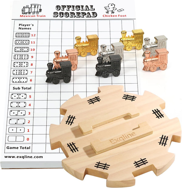 Exqline Mexican Train Dominoes Accessories - with 6.5" Pine Mexican Train Hub,