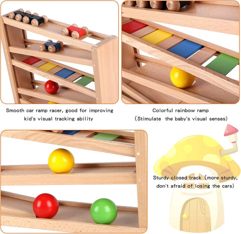 Qilay Wooden Race Track Car Ramp Racer Toy for Toddlers, 5 Level Race Car Ramp Set with 4 Wood Cars and 3 Balls, Great