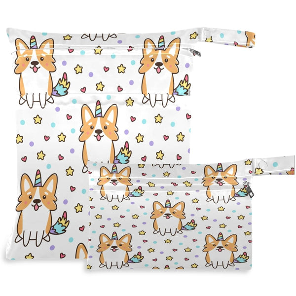 visesunny Corgi Dog with Unicorn Horn 2Pcs Wet Bag with Zippered Pockets Washable