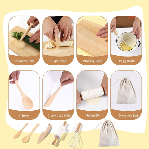 IHFAIO Set 8 Sets Kids Knife for Real Cooking, PCs Kids Cooking for Little Chef, Nature Wood Utensil