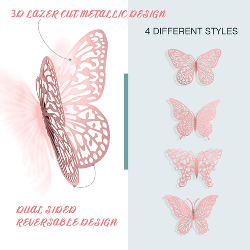 3D 3 4 48Pcs) Pink Butterfly Wall Decor Sizes Styles Butterfly Party Decorations Cake Decorations Removable Stickers