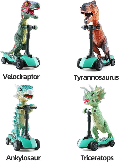 DINOBROS Dinosaur Scooter Toys - Pull Back Cars Mini Finger Kick Scooters, Dino Gift Sets for Kids 4-Pack