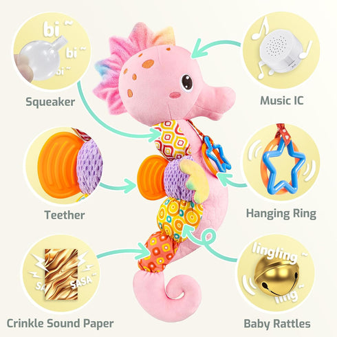 Baby Toys Musical Seahorse, Soft Sensory Stuffed Animal with Crinkle and Rattles for Newborns (Pink)