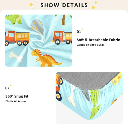 CZXW 52" 28" Cartoon Dinosaurs and Construction Vehicles Crib Sheets Fitted x Natural Cotton Soft & Breathable for Baby