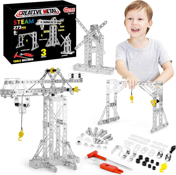 Building Toys Model Set, 3 in 1 Metal Model Kit - Tower Crane, Frame Crane & Windmill, DIY Building STEM Projects