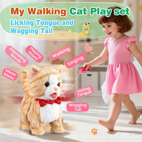 HCdoujoy Set Yellow Walking Cat for Girls Toy Talking Singing Animated Robot Kitty Interactive Plush for Cat for Kids
