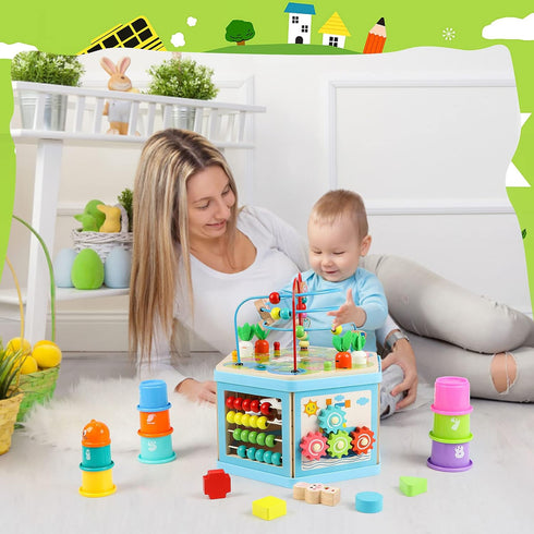 Wooden Activity Cube for 1 Year Old Kids, Educational Bead Maze for Toddler Age 1-3, Montessori Gift