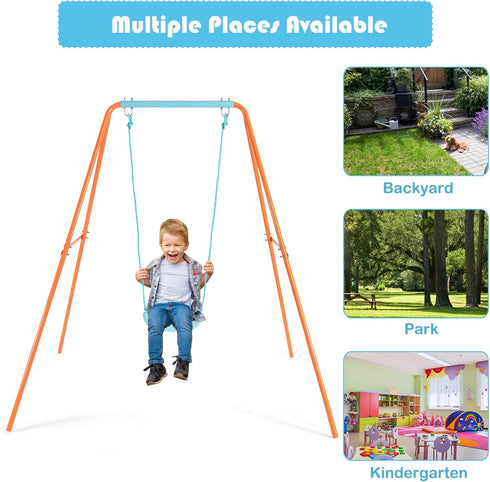 Set, 4 Sets HONEY JOY Metal Swing Frame Heavy Duty A-Frame Toddler Swing Stand with Belt Swing, Ground Stakes, Outdoor