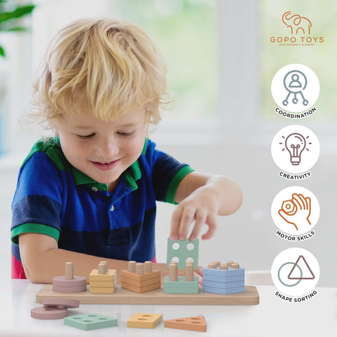 GOPO TOYS Montessori Toys for 18+ Months | Wooden Sorting and Stacking Toys for Toddlers