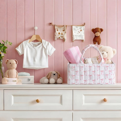 Shinylin Diaper Caddy Organizer with Pink Bow Portable Nursery Storage Basket with Handles and Removable Dividers Cute