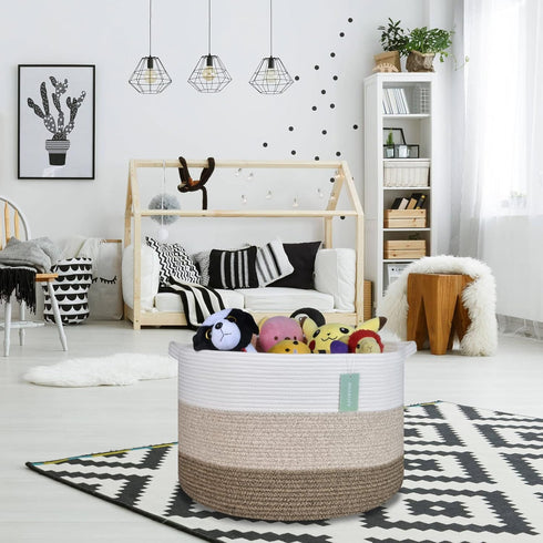 Extra Large Blanket Basket 87L - Cotton Rope Laundry Basket for Baby Nursery, Large Clothes Basket, White & Brown