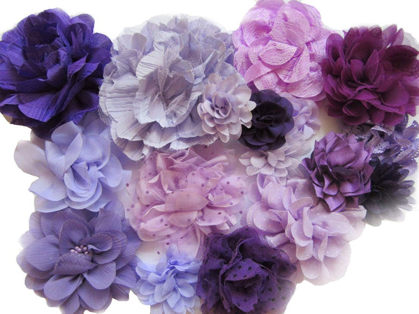 YYCRAFT 15pcs Purple/Lavender Chiffon Lace Hair Flower, Baby Flowers Bows for Crafts and Party Decoration