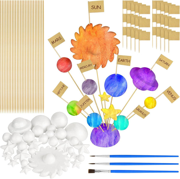 100 Pieces Solar System Model Foam Ball Kit, Includes Polystyrene Balls, Toothpick Flags, and Brushes