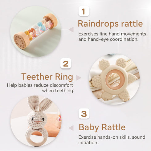 Set (3pcs) Set 3-6-12 Youuys Wooden Baby Rattle - Crochet Rattle Rain Stick Teething Toys, Wooden Montessori Toy