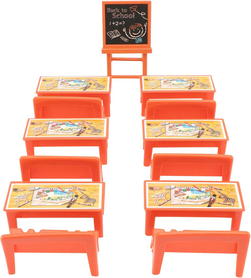 TOYANDONA Miniature Locker Classroom Set, 13pcs Desk, Chair & Blackboard Model Dollhouse Accessory