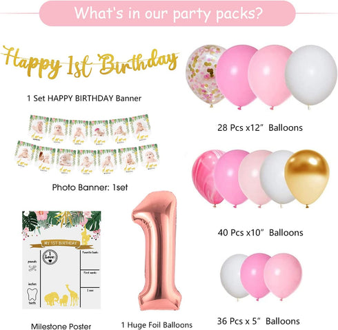PYCALOW 1st 1st First Birthday Decorations Girl - Girl Decorations Include Balloon Garland Arch, Box, Backdrop, Hat