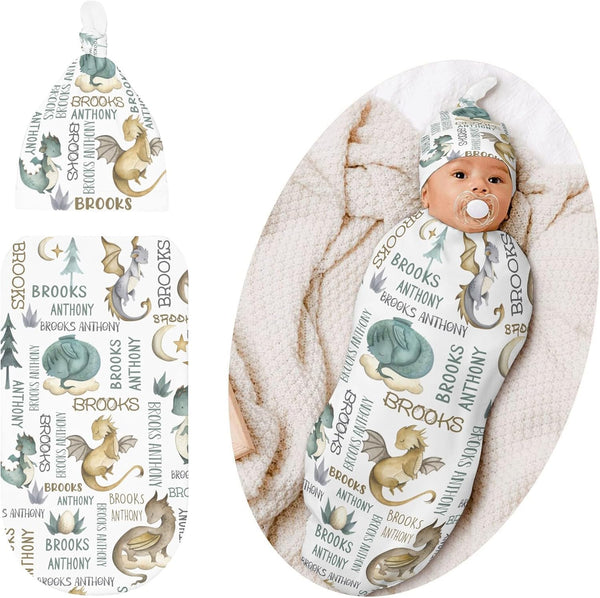 YallLocoMo Swaddle Blanket with Hat Set Newborn Animal Watercolor Dragon Receiving Blankets Baby