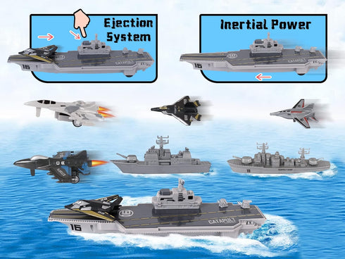 Set Crelloci Aircraft Carrier Military Naval Ship with Pull Back Army Fighter Jet Toy Small Scale Model Plane Submarine