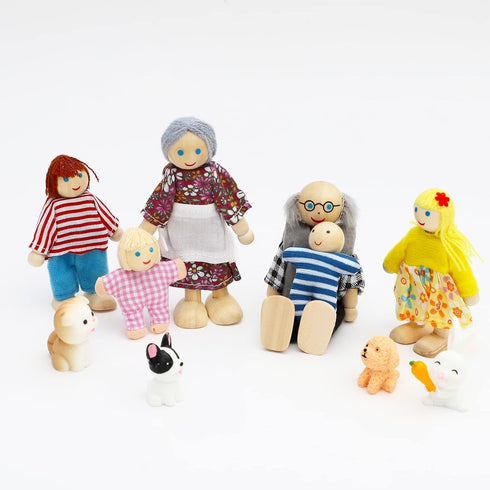 ONEST 15 Pieces Wooden Dollhouse Family Set, Mini People Figures & Accessories for Pretend Play Dolls