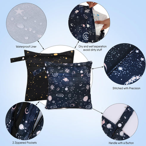 2pcs 2 Cloth Diaper Wet Dry Bags, Waterproof Reusable Wet Bag with Zipper Pockets & Handle, Washable Laundry Bags