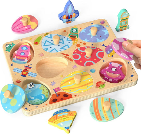 Zeoddler Wooden Puzzles for Toddlers, 8 Pcs Space Matching Egg Puzzle, Solar