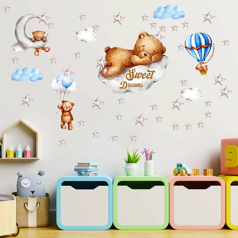Tedy Bear Moon & Stars Wall Decor, Sleeping Bear Wall Stickers for Baby & Nursery Room Decor