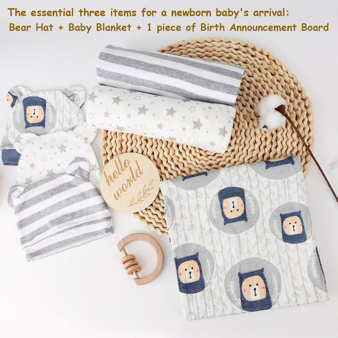 Set Sets DRESHOW BQUBO Cotton Baby Swaddle Hat Newborn Infant Receiving Blankets with Bear Ears Hat Wooden Birth