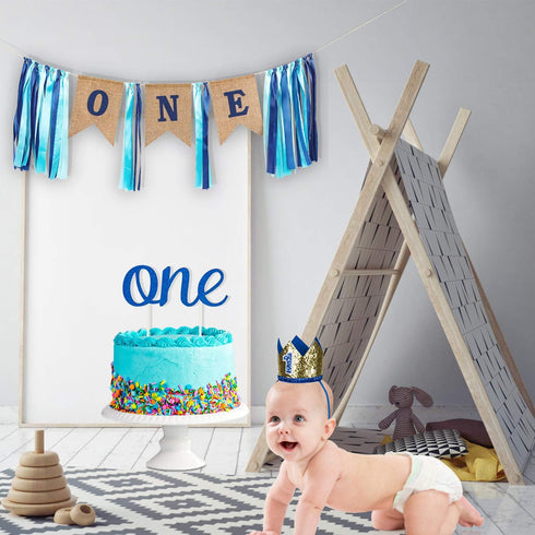 1st Birthday Boy Decorations with Burlap Highchair Banner, Blue Hat Crown, Cake Topper for Happy First Birthday Party