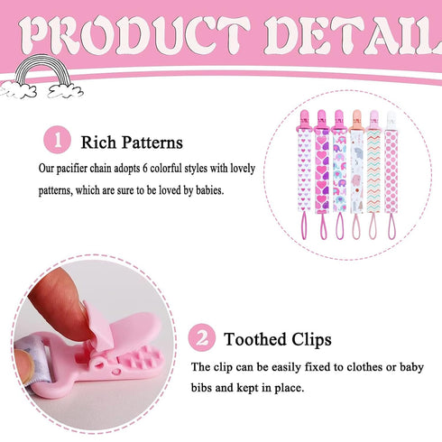 6 Pcs Baby Dummy Strap Clip Pacifier Holder Soother Chains Clips Fit All Soothers, Teething Toys for Boys and Girls