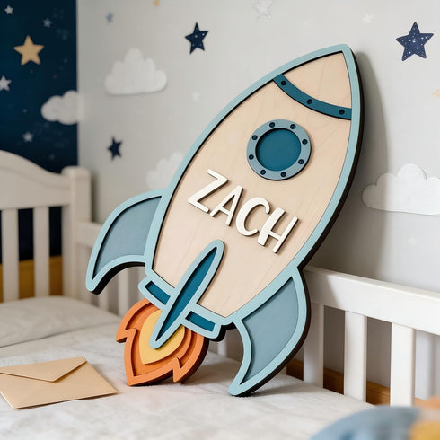 Personalized Rocket Name Sign for Kids Room, Custom Wooden Space Wall Decor with Name, Nursery Wall Art for Boys