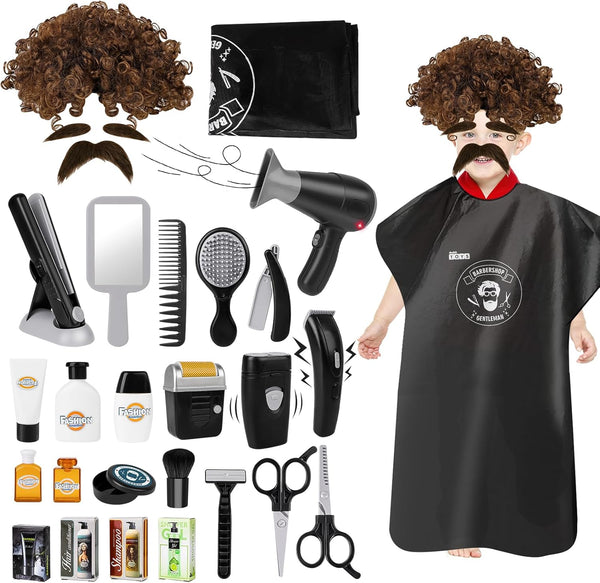 deAO Barber Shop Pretend Play Toy,29 PCS Kids Shaving Kit for Boys,Styling