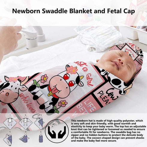 Who Love Cows Newborn Swaddle Blanket with Hat Set, One Size Receiving Blanket for Boys and Girls