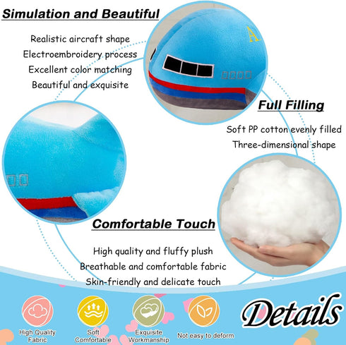 15.7" Airplane Plush Blue Stuffed Plane Toy, Aircraft Hug Pillow Gifts for Kids