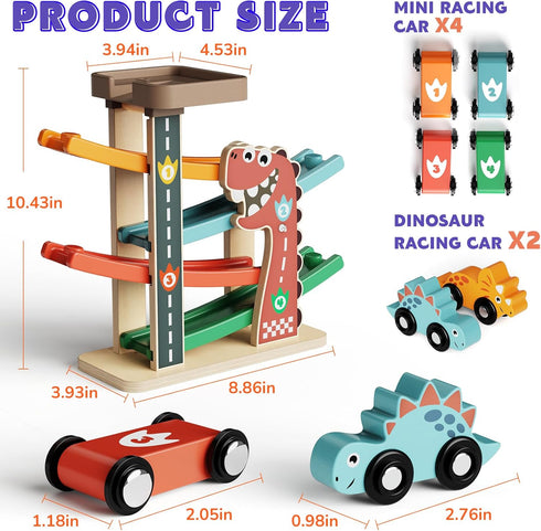 1-3, 6 4-Level 1 Wooden Car Ramp Toy for Toddlers Montessori Toy with Cars (Dinosaur & Racing), Car Ramp Race Track