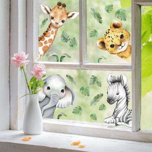 Double-Sided Safari Animal Window Stickers for Baby Nursery, 22.44 x 21.25 Inch Watercolor Jungle Clings Tiger Lion