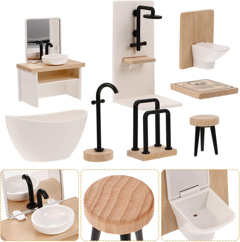 Toyvian 8pcs Dollhouse Bathroom Set: 1/12 Scale Toilet Bathtub Basin Wooden Bathroom Cabinet with Sink Miniature