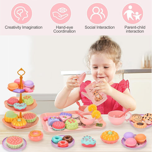 Toddler Toys Tea Party Set for Little Girls, 44 pcs Pretend Plastic Teapot Set with Desserts, Carrying Case for Ages 3-6