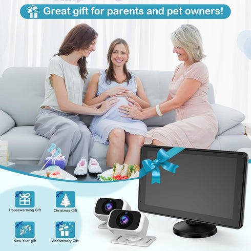 pemacom 2-Kids: 7 Inch 1080P Baby Car Camera for IPS Display with Dual Carseat Cameras, Split Screen, Night Vision, HD