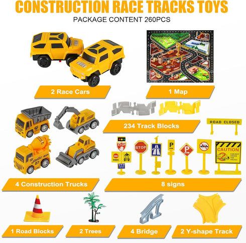 260 2 4 1 Set, 3 4 5 6 PCS Construction Race Tracks for Kids Toys, Racing Cars, Construction Cars, Map & Flexible DIY
