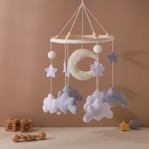 GOODMOM Nordic Boho Baby Crib Bell - Moon & Stars Felt Nursery Decor, Neutral Minimalist Baby Room Hanging Ornament
