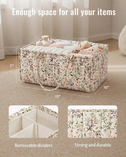 Blissful Diary Floral Diaper Caddy Organizer, Stylish Nursery Storage Basket, Diaper Bag,Gift for Baby Shower, Baby
