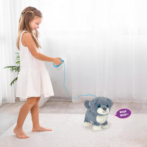 3+ YH YUHUNG Interactive Walking Dog Toy with Leash, Grey Puppy with Blue Ears, Electronic Barking & Tail Wagging Robot