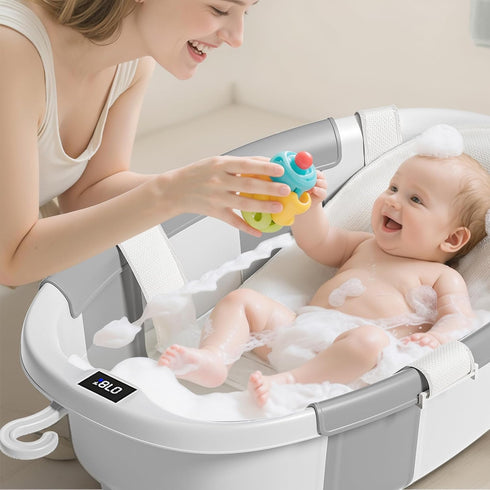 JoyYum 0-36 Collapsible Baby Bathtub with Soft Cushion and Thermometer, Newborn to Toddler Tub Months with Toy Storage