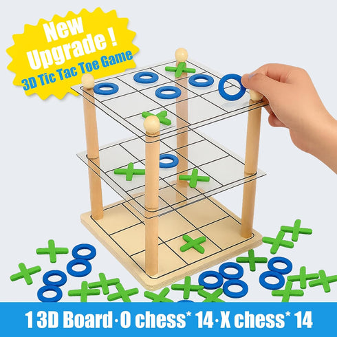 Trozihn 3D Ultimate Wooden Tic Tac Toe Board Game Classic XO Strategy Game for Kids & Adults, Fun Family Table Games