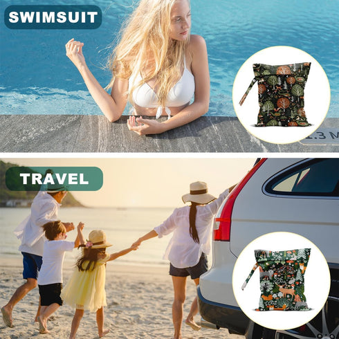 Wenboco 2Pcs Forest Animals Print Wet Bags, Wet Dry Bag Reusable for Swimsuit, Travel, Diapers, Pool, Beach, Dirty Yoga
