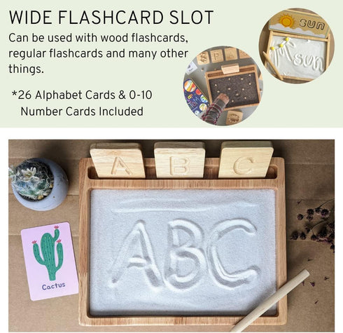 Montessori Sand Tray with Flashcard Holder and Flashcards | Play Sand & Wooden Stylus | Sensory Bin | Tactile & Sensory